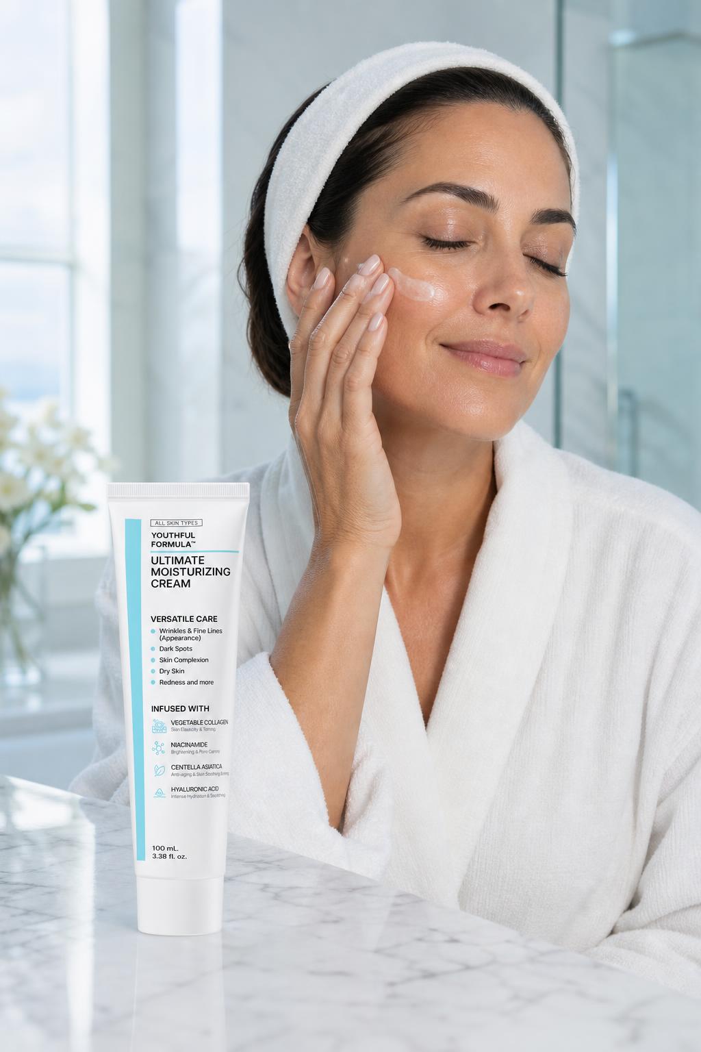 Mujer aplicándose la crema hidratante en el rostro